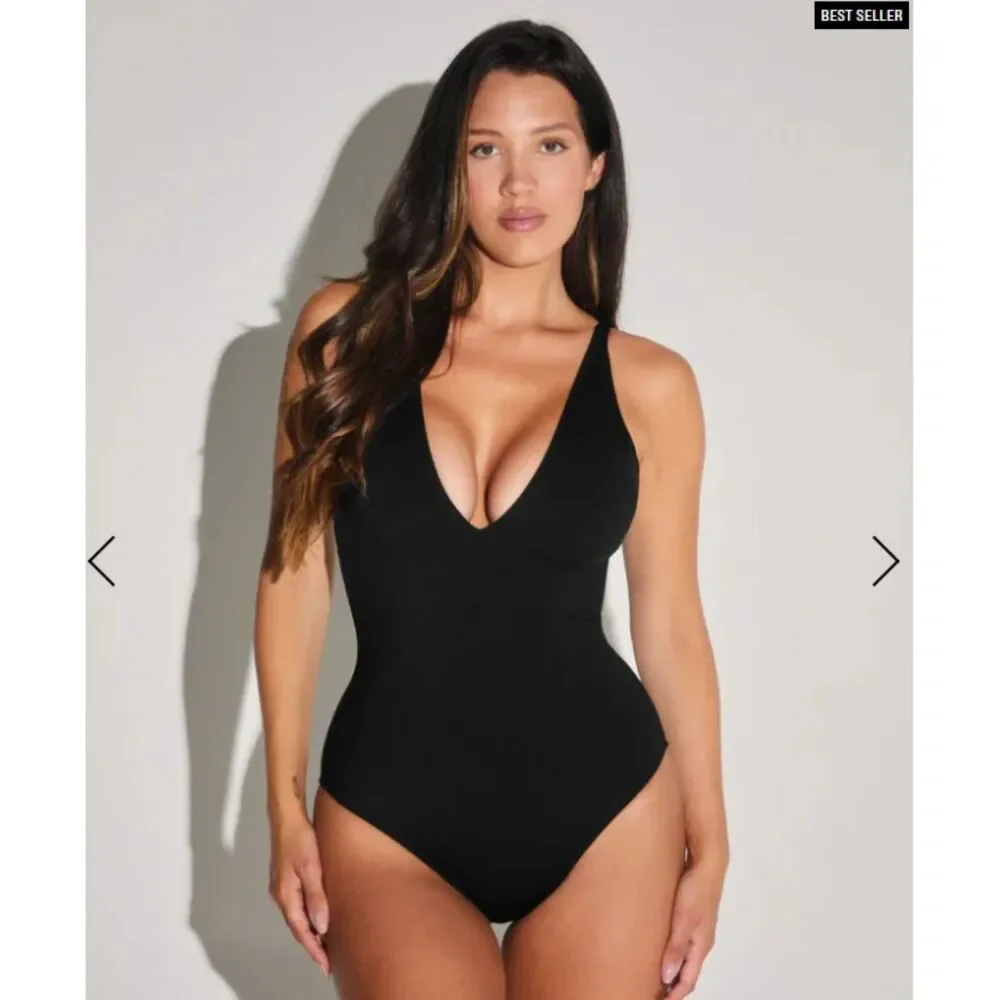 Black Corset Back Shaping Swimsuit Large TA3 Plungey One Piece REG/LONG NWT - Picture 3 of 7